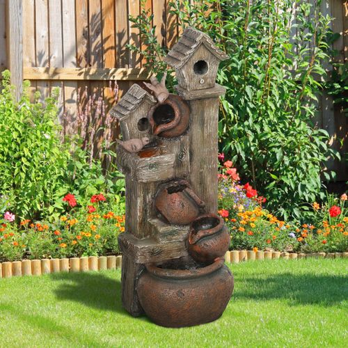Outsunny 2-in-1 Waterfall Fountain with Birdhouse, Resin Outdoor Fountain