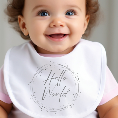 Hello World Silver Circle Baby Bib - New Baby Gift