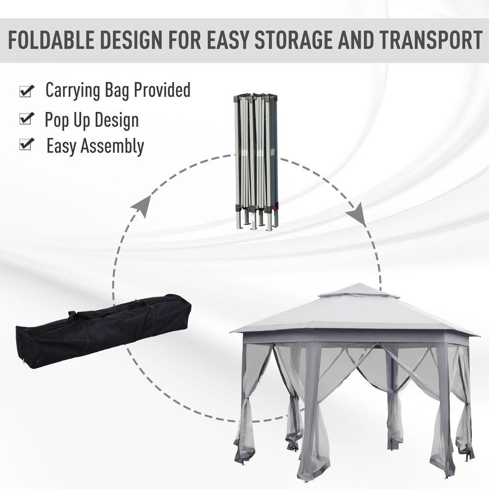 Hexagon Pop Up Gazebo Double Roof Netting, 4m x 4m, Grey w/ Mesh, 4x4m