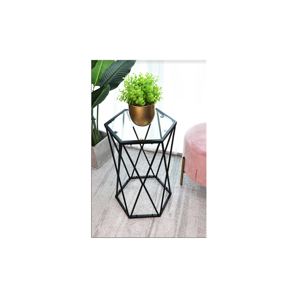 SLENDER Hexagon Black Side Table - Tempered Glass - High Quality - Professional Seller