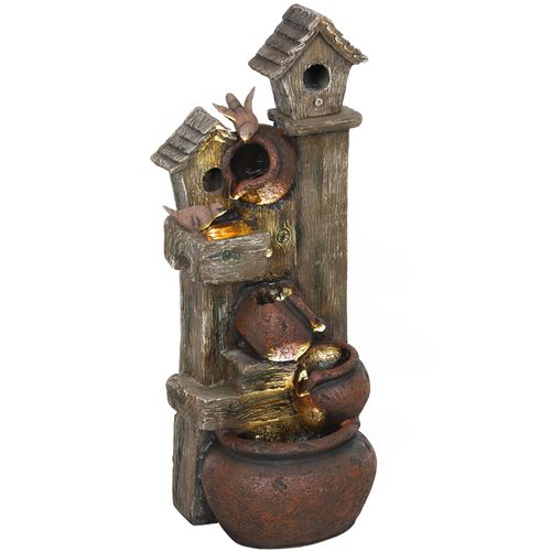 Outsunny 2-in-1 Waterfall Fountain with Birdhouse, Resin Outdoor Fountain