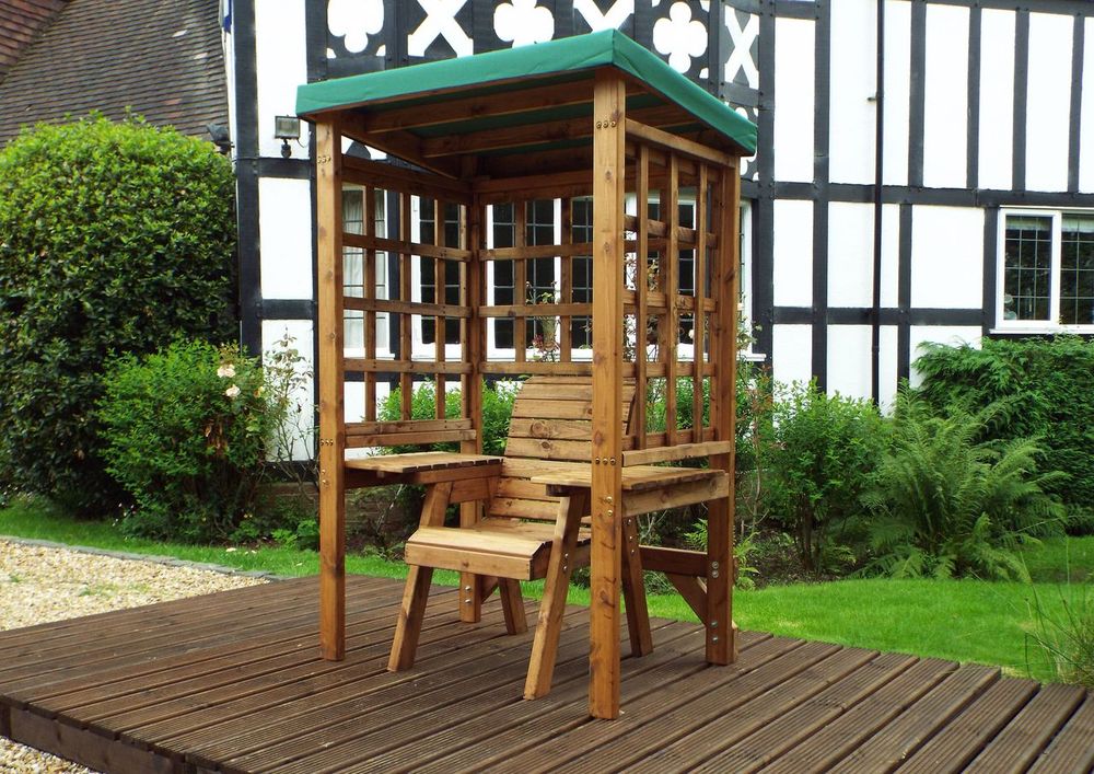 Premium Wentworth Single Arbour - Green, FSC Wood, Roof Cover, Side Tables - Made in Britain (80 characters)