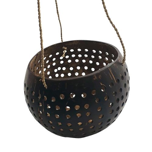 Vie Naturals Carved Hanging Coconut Shell with a Sturdy Jute Rope, 13-15cm