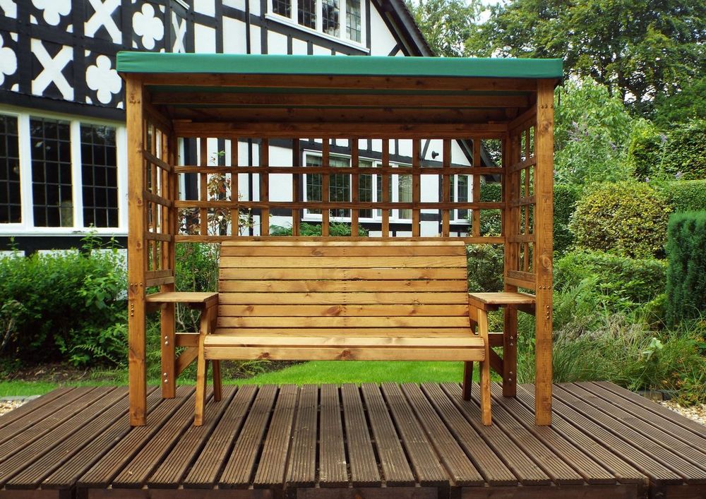 Wentworth 3-Seater Arbour with Waterproof Cover & Side Tables - Handmade in UK - FSC Wood - Rustproof Bolting - White Glove Delivery - 10 Year Guarantee