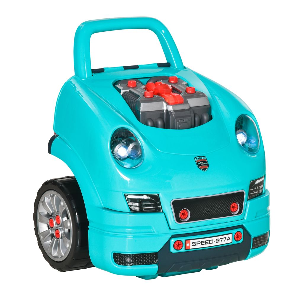 HOMCOM Kids Truck Engine Toy Set Toddler Educational Car Service Station w/RC Car Key Steering Wheel Horn Light, Mechanic Gifts for Ages 3-5 Years - Teal