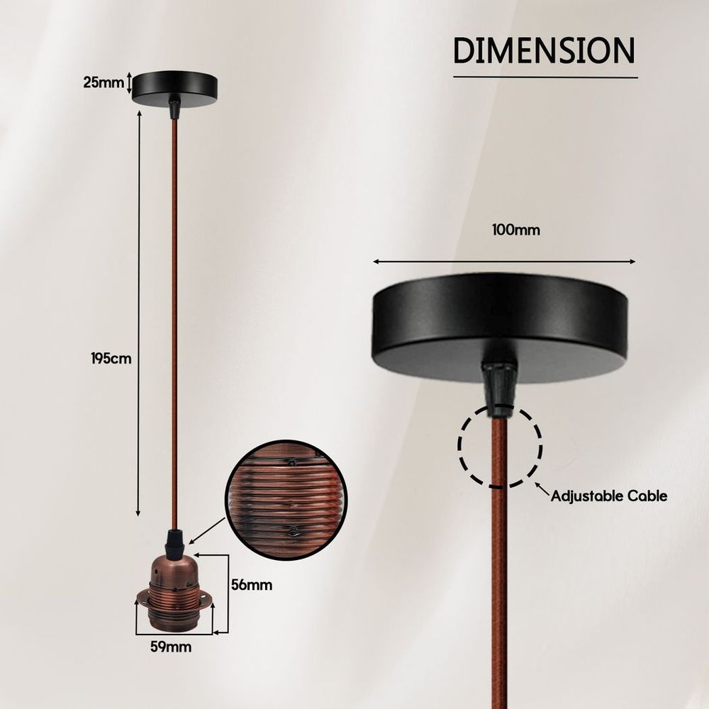 Vintage Industrial Copper Pendant Light Fitting, lampshade Holder Fitting  Set with 2m Cable.