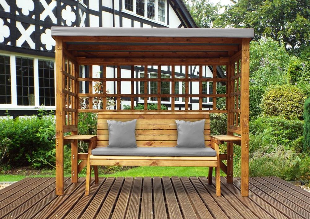Wentworth 3-Seater Arbour with Waterproof Cover & Side Tables - Handmade in UK - FSC Wood - Rustproof Bolting - White Glove Delivery - 10 Year Guarantee