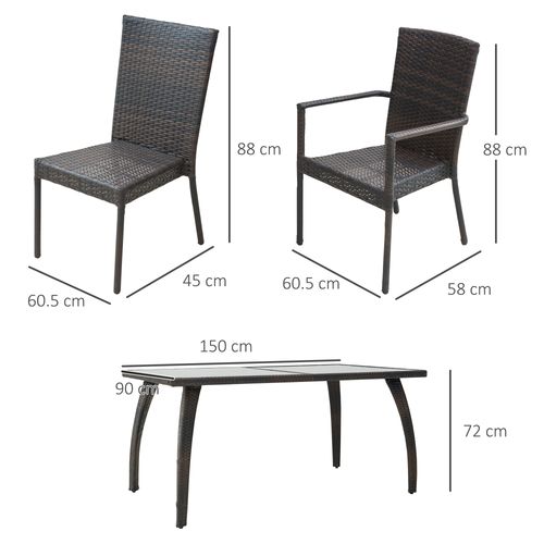 6-Seater Brown Rattan Garden Furniture Tempered Glass Table