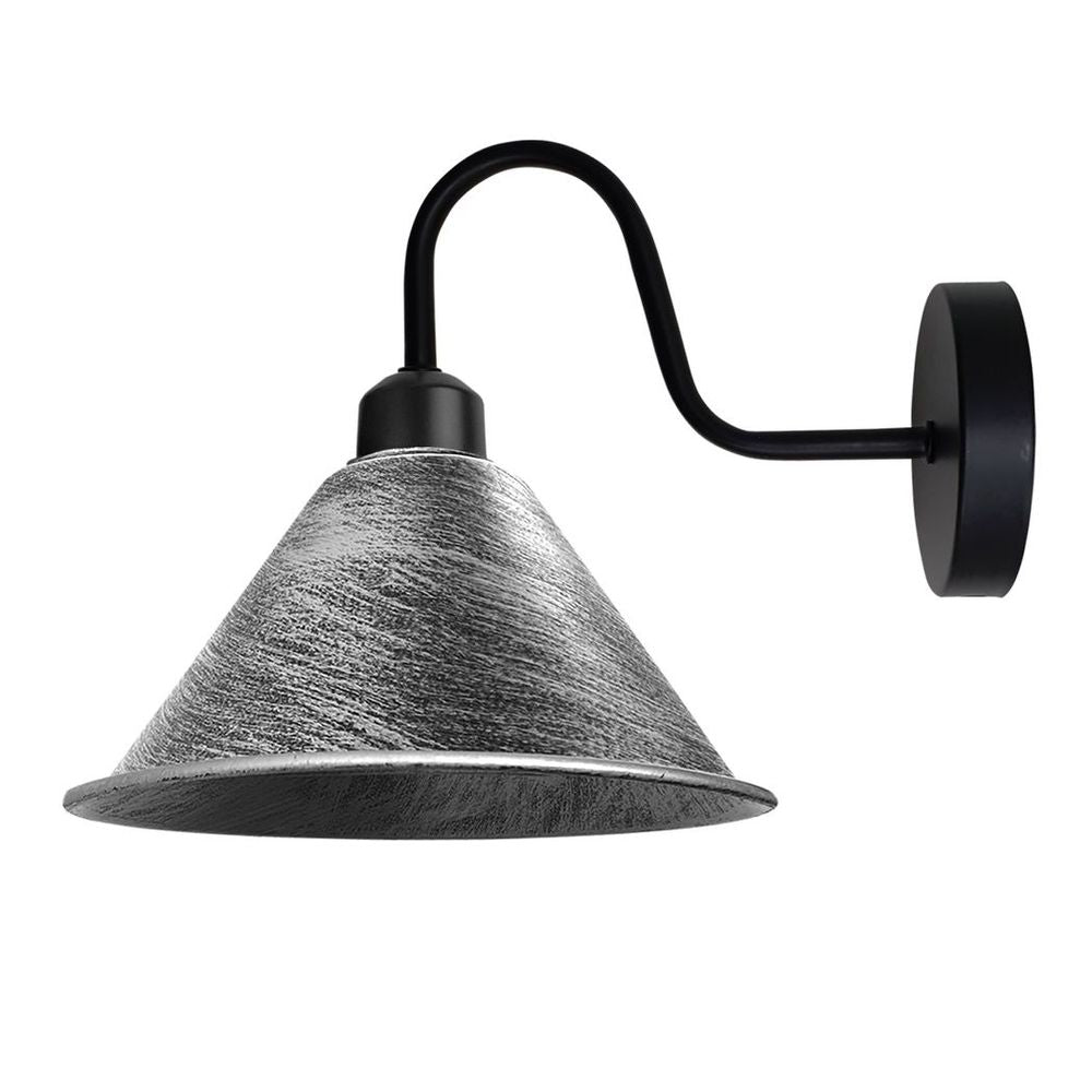 Vintage Wall Light Fixture | Brushed Silver Black Wall Sconce | E27 Socket | Swan Neck Cone Shade | High Quality