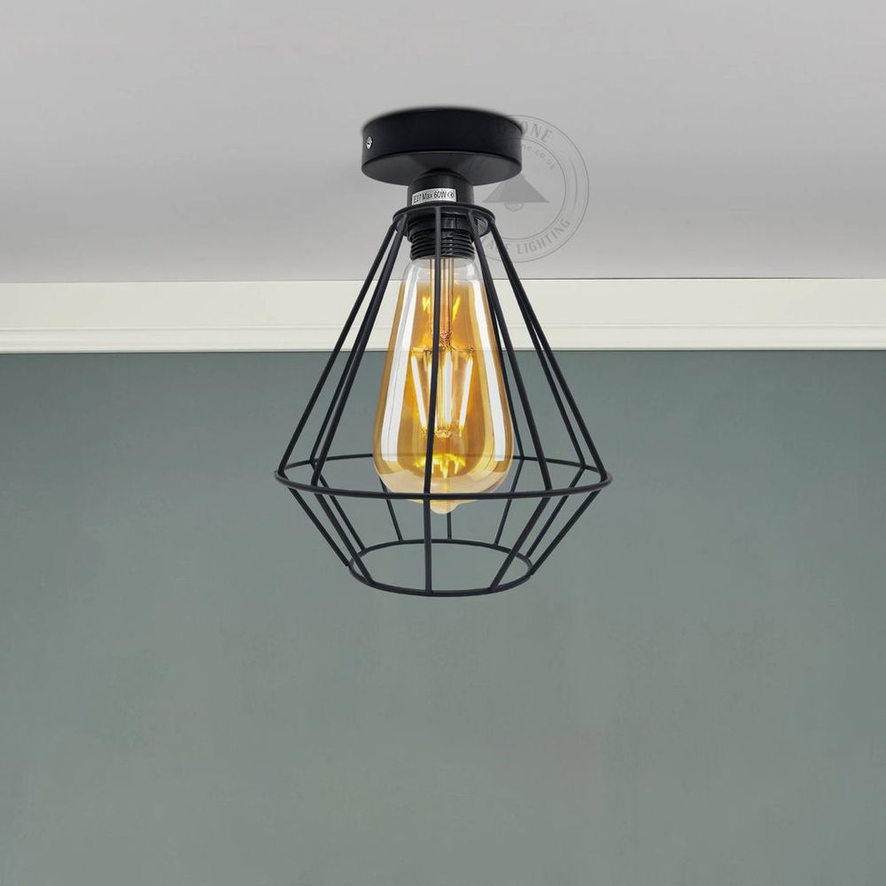 Vintage Industrial Geometric Diamond Light Fitting: E27 Holder, 60W Bulb, Metal Cage, Ceiling Mount
