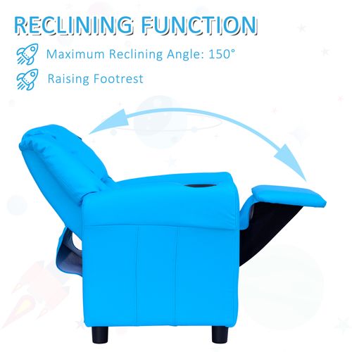 HOMCOM Kids Recliner, PU Leather Kids Armchair, Kids Chair, Toddler Armchair with Adjustable Backrest, Footrest, Padded Headrest, Cup Holder, Blue