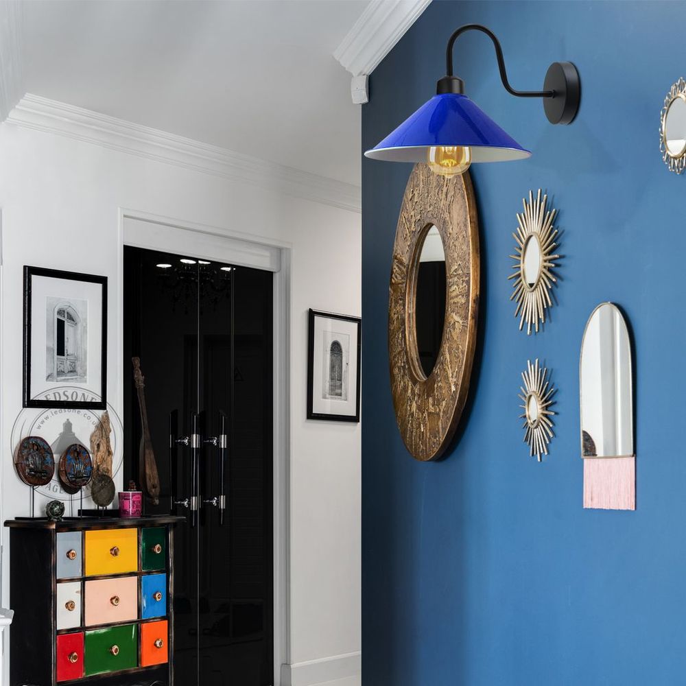 Navy Blue Wall Light Fixture,Black Wall Sconce E27 Base Socket Screw Type Wall Mounted Swan Neck Cone Shape Shade