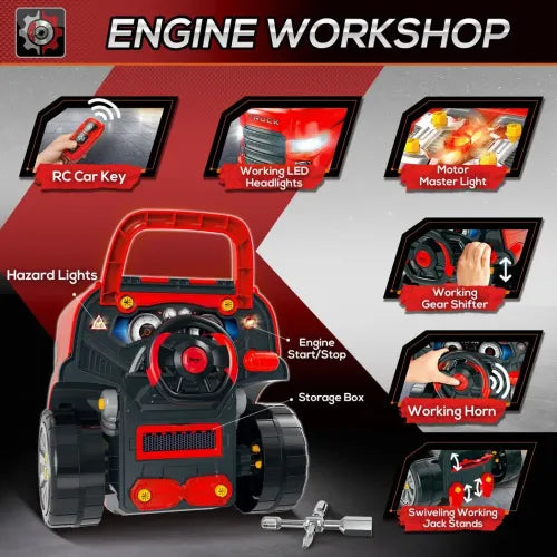 HOMCOM Kids Truck Engine Toy Set, Toddler Educational Car Service Station Playset, Take Apart Workshop, w/RC Car Key, Steering wheel, Horn, Light, for 3-5 Years Old Red