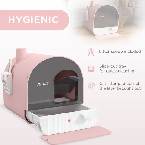PawHut Cat Litter Box Kitten Litter Tray w/ Lid, Scoop, Filter, Flap Door, Pink