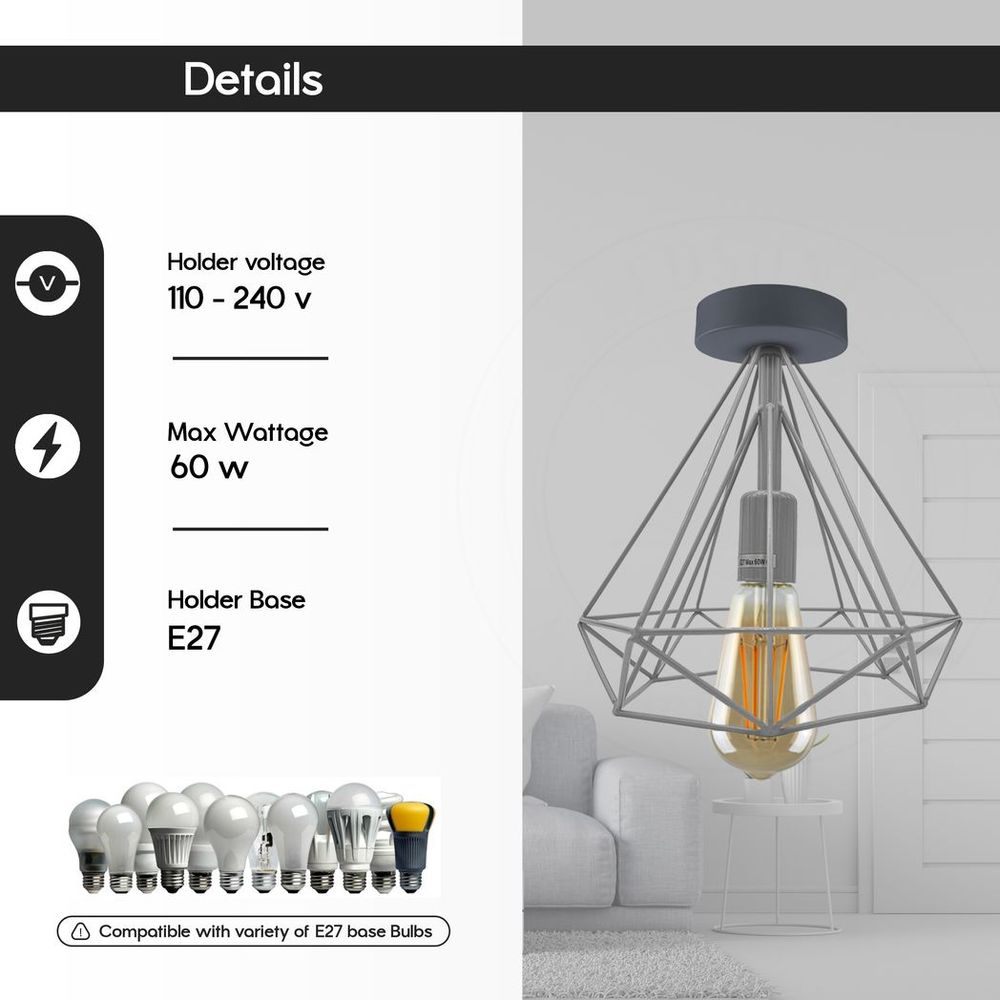Vintage Red Metal Cage Semi Flush Mount Ceiling Light - High-Quality E27 Holder - Elegant and Stylish