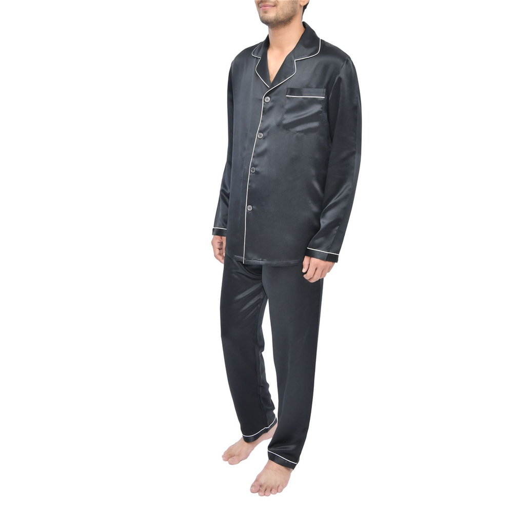 SILK PJS LONG SET MENS LARGE BLACK Pyjamas