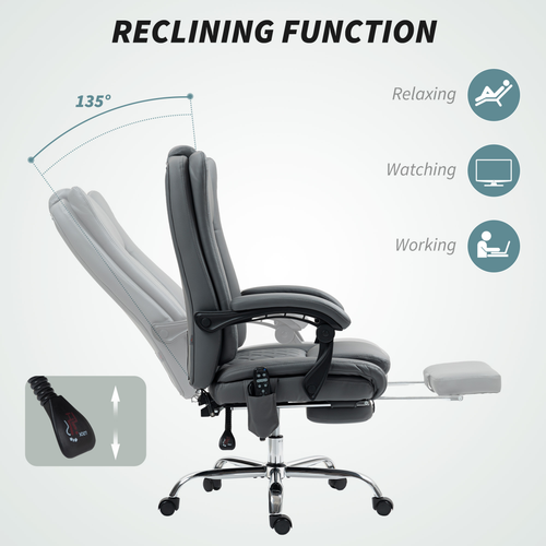 HOMCOM PU Leather Massage Office Chair, Reclining Desk Chair, Grey