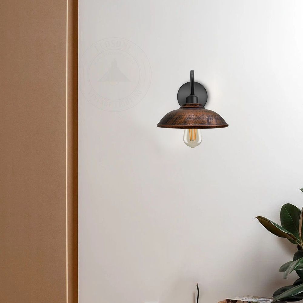 Vintage Brushed Copper Wall Light Fixture, Black Wall Sconce w/ E27 Base Socket, Swan Neck Hemisphere Shade
