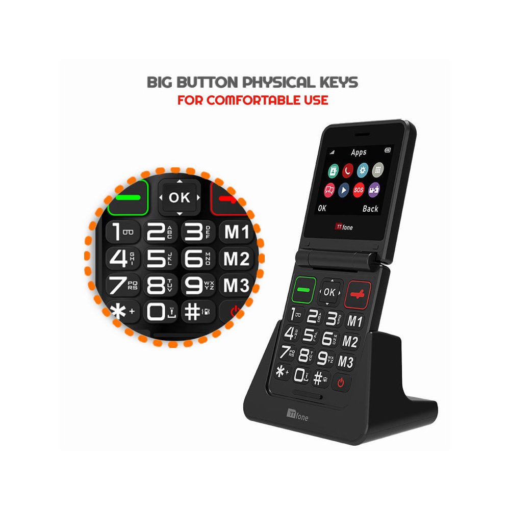 TTfone TT660 Flip Big Button Mobile w/ O2 Pay As You Go SIM & USB C Charger
