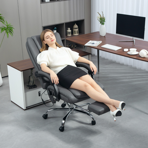 HOMCOM PU Leather Massage Office Chair, Reclining Desk Chair, Grey