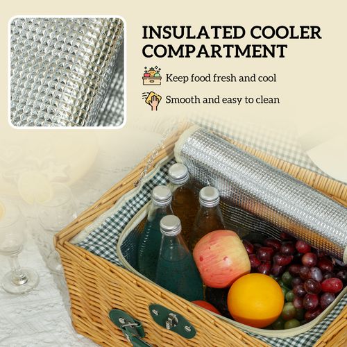Outsunny Wicker Picnic Basket for 2 w/ Insulated Cooler Bag, Light Brown