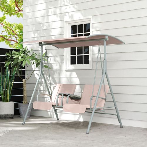 Outsunny 2 Person Covered Patio Swing with Pivot Table & Storage Console Beige