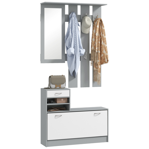 HOMCOM Hallway Furniture Set with Shoe Cabinet, Coat Rack and Mirror, Grey