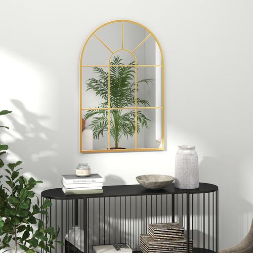 HOMCOM Modern Arched Window Wall Mirror for Bedroom, 91x60cm, Gold Tone
