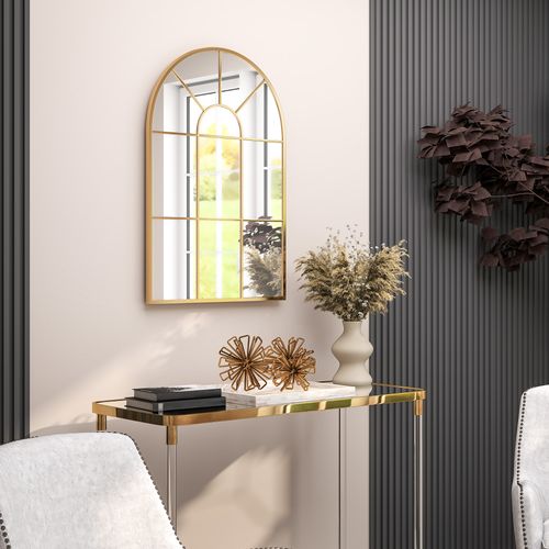 HOMCOM Modern Arched Window Wall Mirror for Bedroom, 91x60cm, Gold Tone