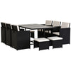 Rattan Dining Set, 11 PC-Black. Metal frame, PE rattan, 6 chairs & 4 footstools. Tempered glass. Washable cushions. Suitable for indoor/outdoor use.