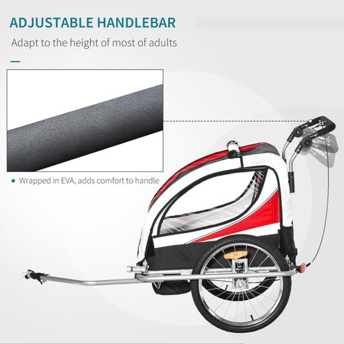 HOMCOM Child Bike Trailer, Baby Bicycle Trailer for 2 Kids with 5 Point Harness, Steel Frame, Reflectors, Safety Flag, Hitch Coupler, Red