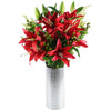 70cm Red Lily Display Silver Glass Vase - Artificial Flowers Arrangement with Fern and Green Berry Spray