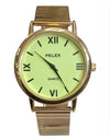 Pelex Mens Big Roman number Gold Case Night Glow Dial Gold Bracelet Strap Quartz Watch