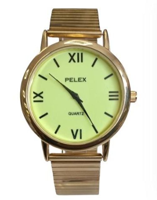 Pelex Mens Big Roman number Gold Case Night Glow Dial Gold Bracelet Strap Quartz Watch