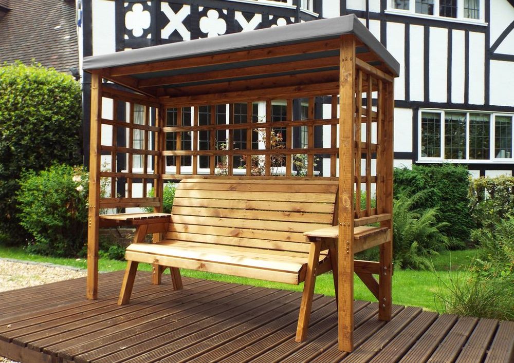 Wentworth 3-Seater Arbour with Waterproof Cover & Side Tables - Handmade in UK - FSC Wood - Rustproof Bolting - White Glove Delivery - 10 Year Guarantee
