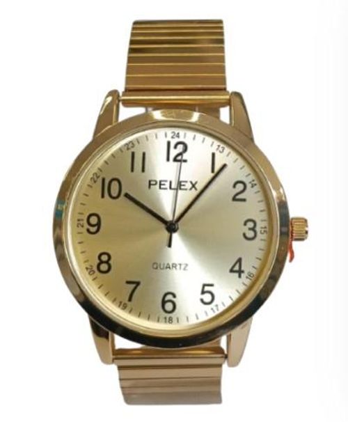 Pelex Mens Big number Gold Case Gold Dial Gold Bracelet Strap Quartz Watch