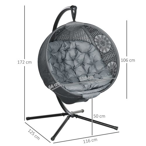 Outsunny Hanging Swing Chair w/ Metal Stand & Side Pocket, Charcoal Grey