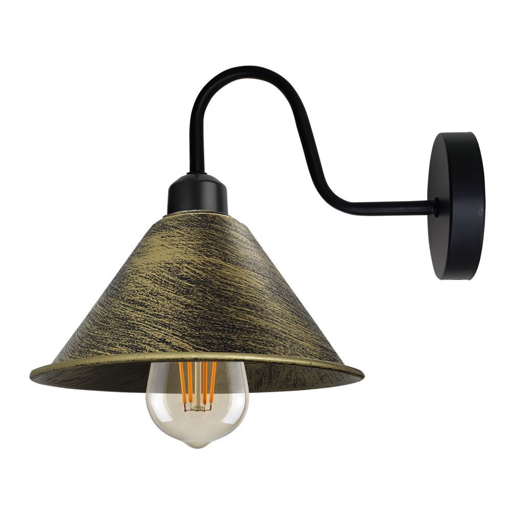 Brushed Brass Vintage Wall Light Fixture Black Wall Sconce E27 Base Socket Screw Wall Mounted Neck Cone Shape Shade