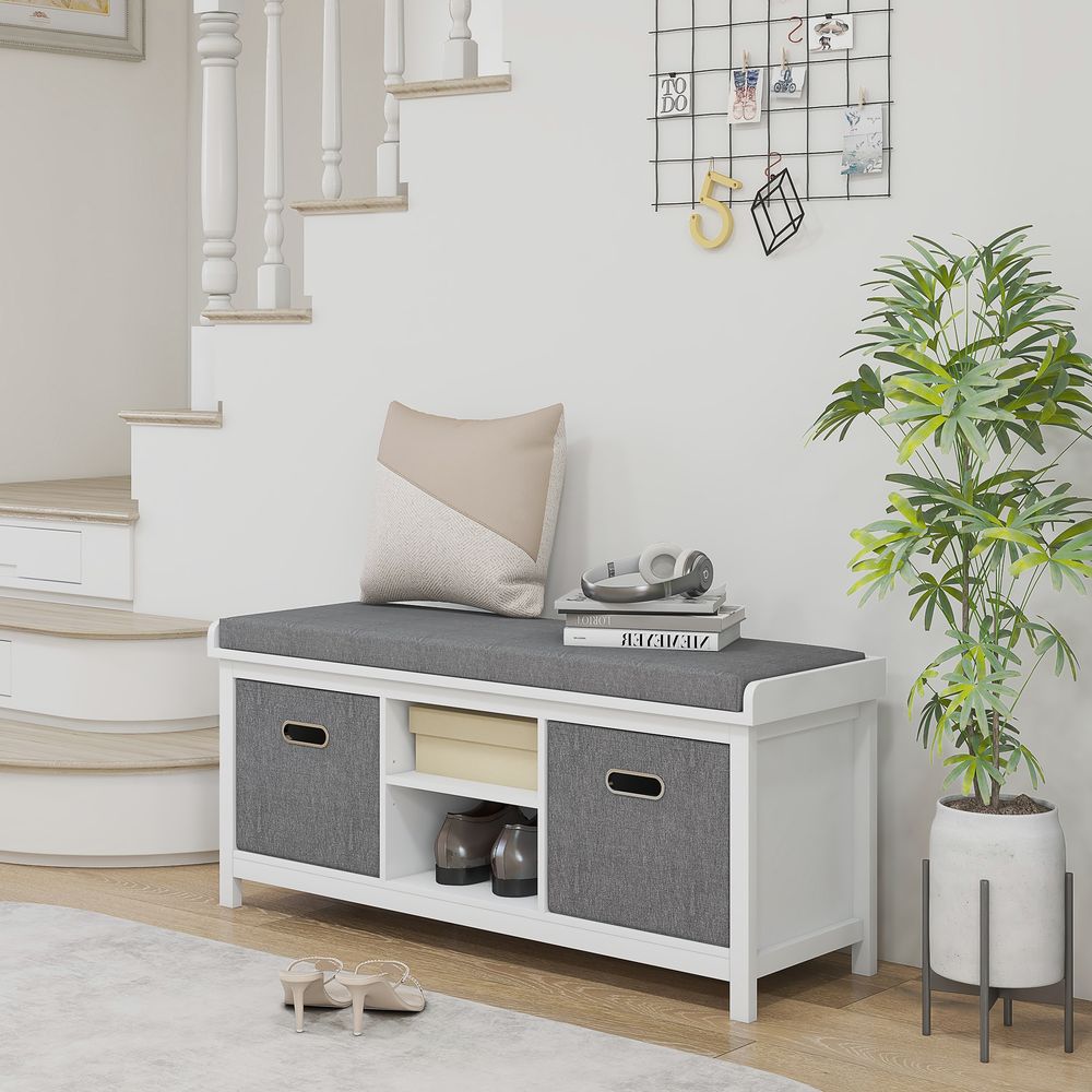 HOMCOM Shoe Bench w/ Cushioned Seat & Fabric Drawers - Entryway & Hallway Organizer - White