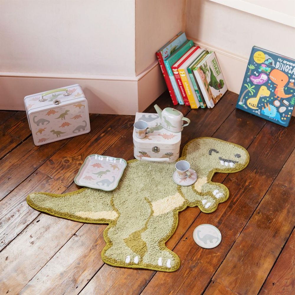 Dinosaur Tea Set for Kids - Tray, Teapot, Plates, Teacups - Tin, Earthy Greens - Not for Hot/Cold Drinks - Ages 3+ - D17.5xH9.5xW17cm