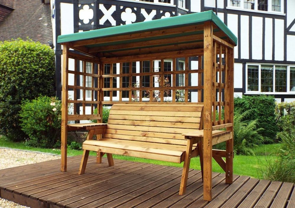 Wentworth 3-Seater Arbour with Waterproof Cover & Side Tables - Handmade in UK - FSC Wood - Rustproof Bolting - White Glove Delivery - 10 Year Guarantee