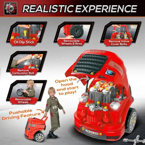 HOMCOM Kids Truck Engine Toy Set, Toddler Educational Car Service Station Playset, Take Apart Workshop, w/RC Car Key, Steering wheel, Horn, Light, for 3-5 Years Old Red