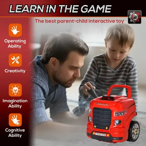HOMCOM Kids Truck Engine Toy Set, Toddler Educational Car Service Station Playset, Take Apart Workshop, w/RC Car Key, Steering wheel, Horn, Light, for 3-5 Years Old Red