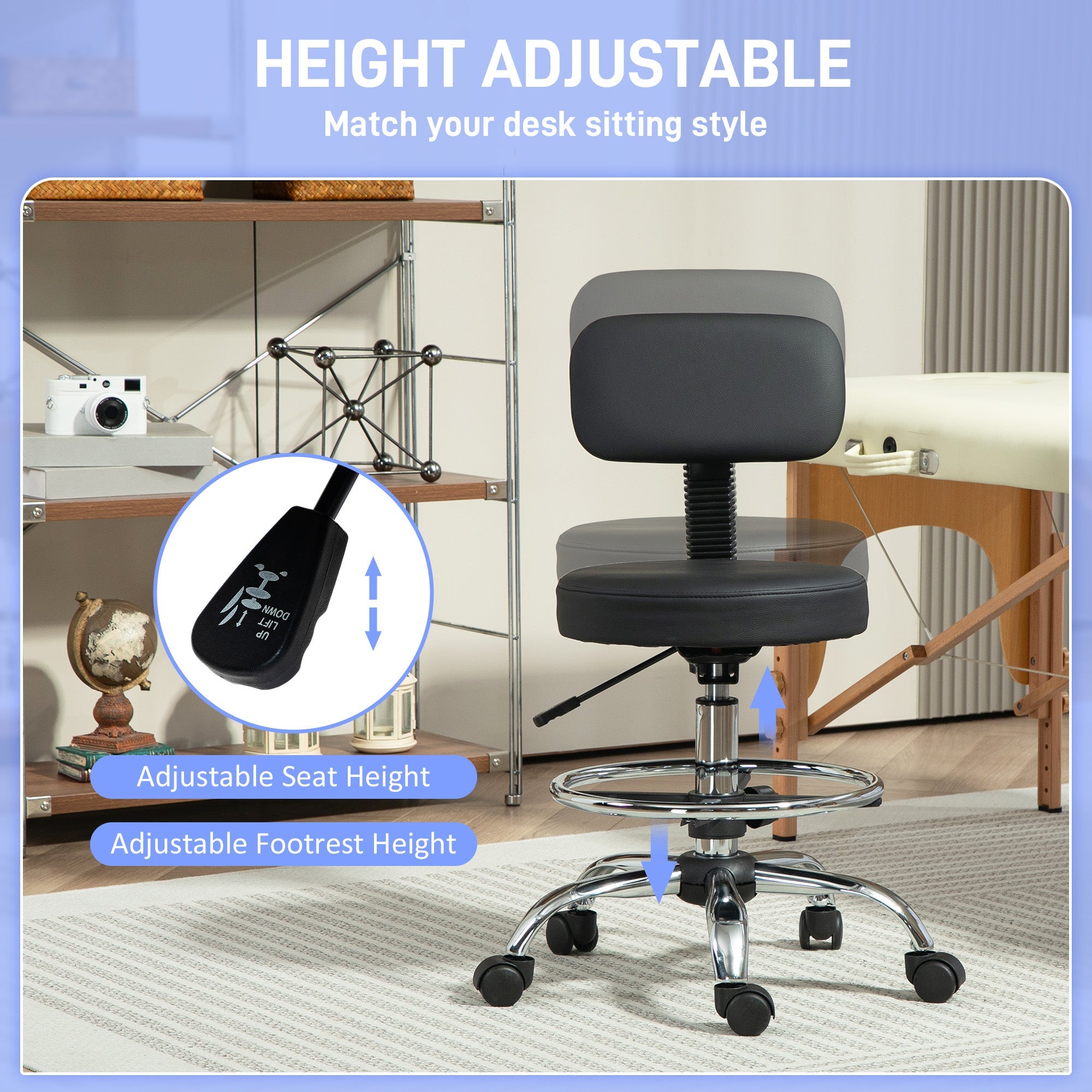 HOMCOM Faux Leather Adjustable Stool, 360° Swivel Chair for Study, Black
