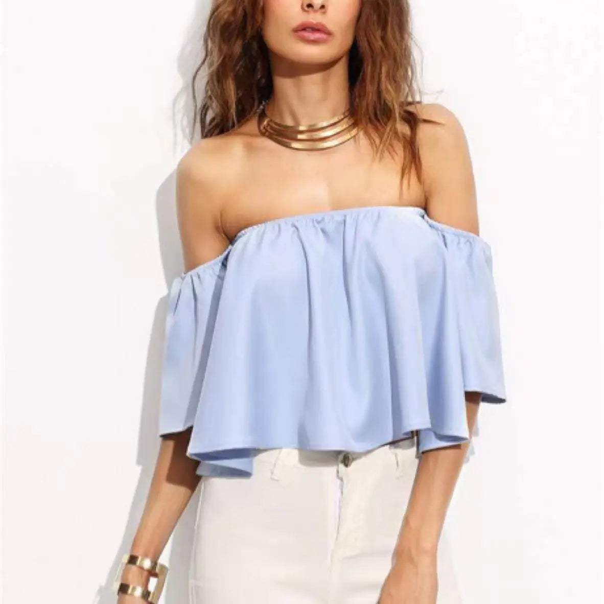 Elegant Off-Shoulder Chiffon Blouse with Wrap Design and 5/4 Sleeve in White & Blue