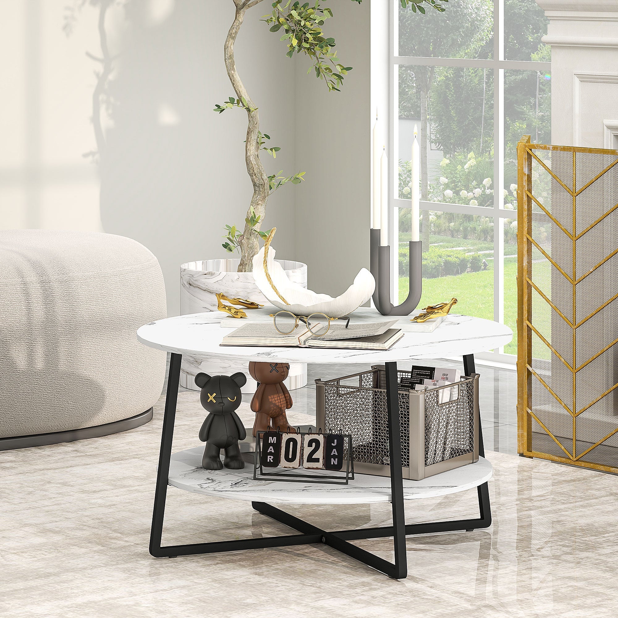 HOMCOM Round Coffee Table with Storage Shelf and Marble Effect Top, White