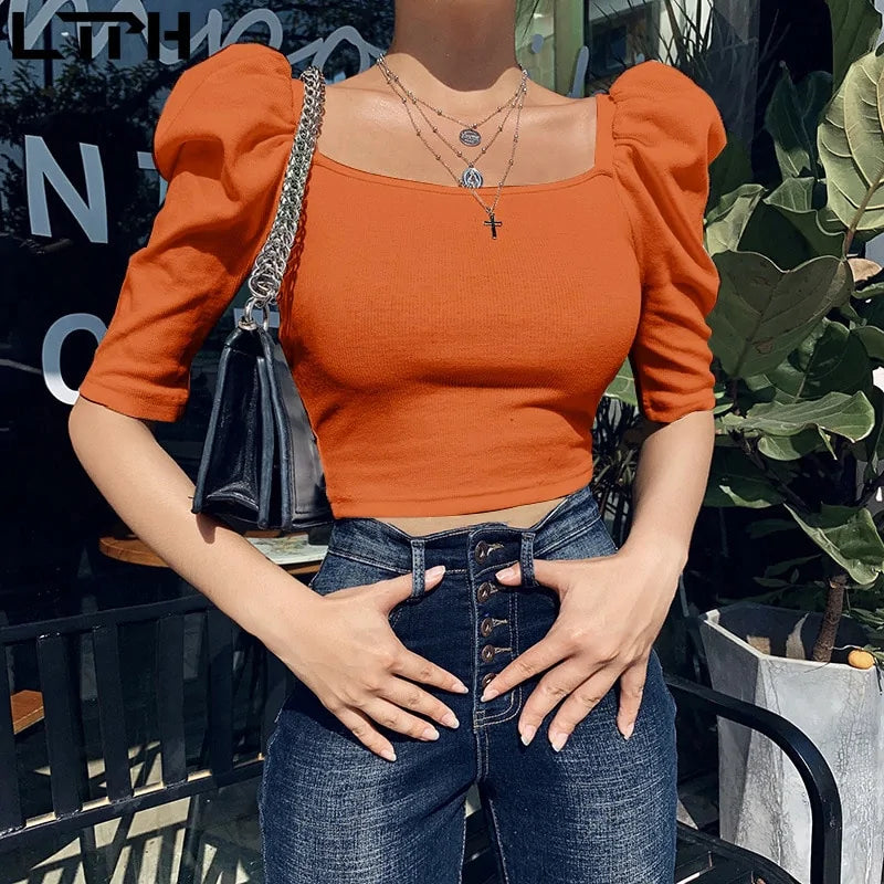Elegant Puff Sleeves Blouse with Square Neckline - Chic Spring Essential for Effortless Style