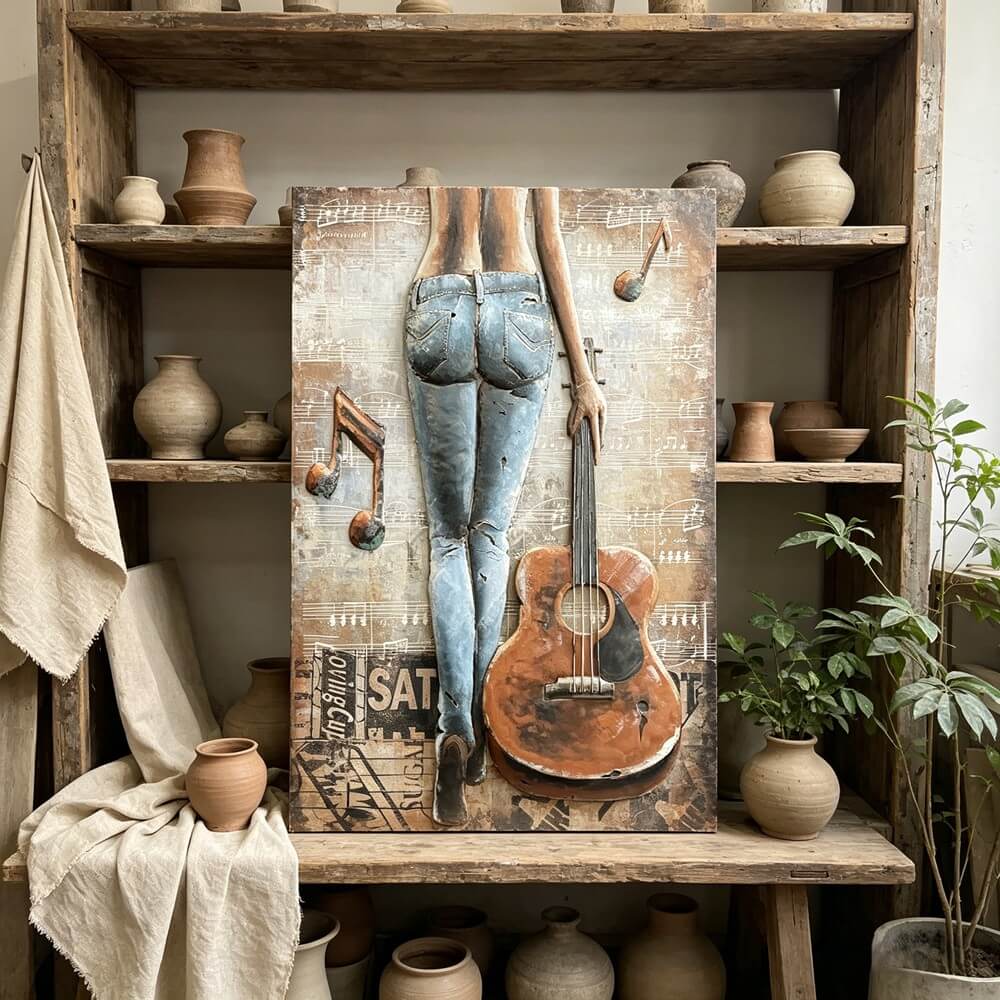 Handcrafted Woman with Guitar Back View 3D Metal Wall Art Home Decor Living Room Wall Decor