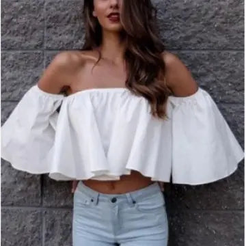 Elegant Off-Shoulder Chiffon Blouse with Wrap Design and 5/4 Sleeve in White & Blue