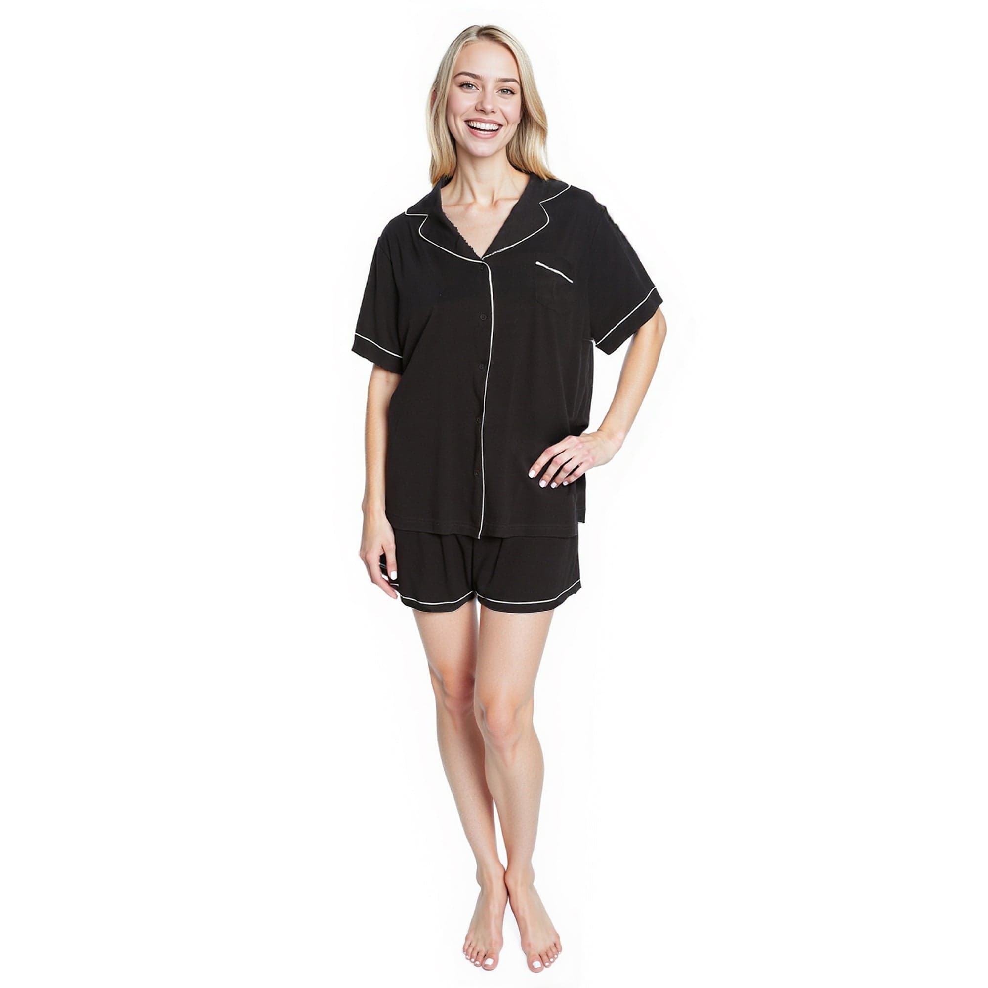 OLIVIA ROCCO Women Black Short Pyjama Set Super Soft Sleepwear With Button Up Top And Pockets Daisy Dreamer Lounge Wear Comfy